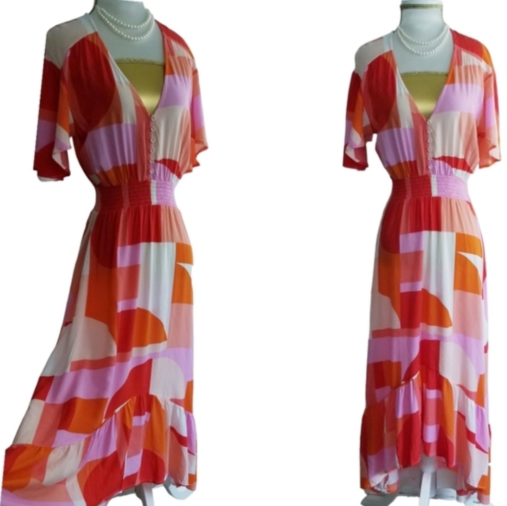 Abel The Label Anthropologie ATL Geo Abstract Pattern Maxi Dress Boho